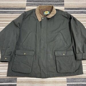 Cabela's Chore Canvas Jacket Mens 4XL Green Nubuck Leather Collar Plaid Lined